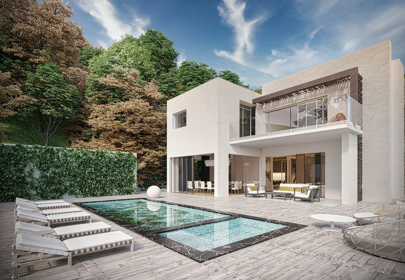 Modern house exterior rendering with a pool and outdoor terrace