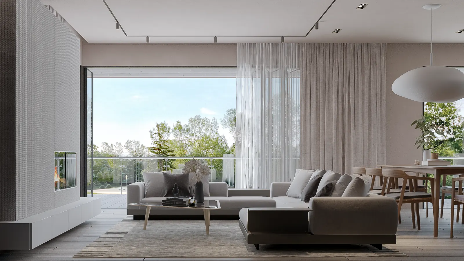 Modern living room interior 3D rendering with natural light