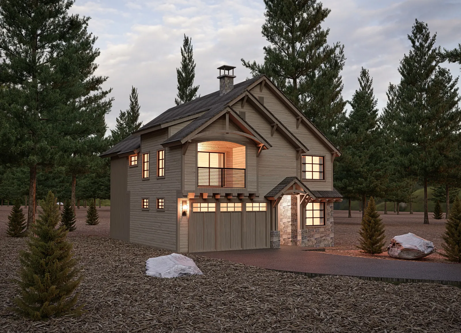 Mountain cabin exterior rendering surrounded by forest