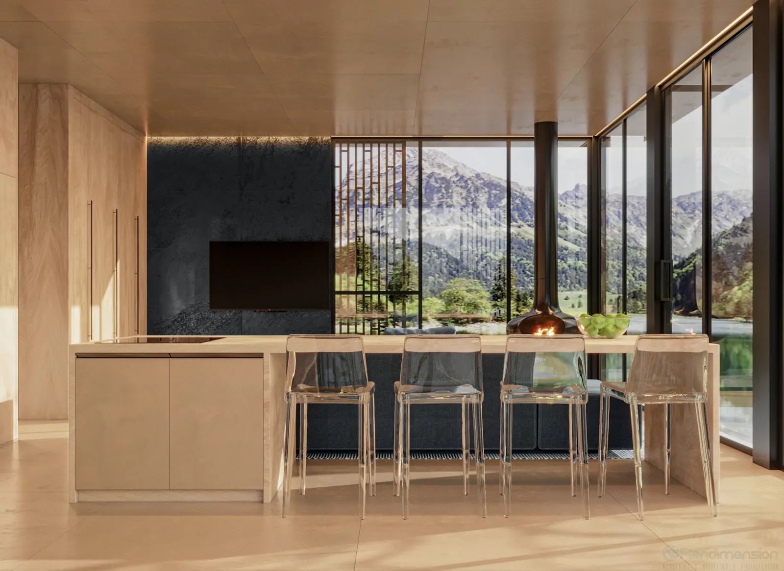 Kitchen interior rendering with large windows facing mountain views