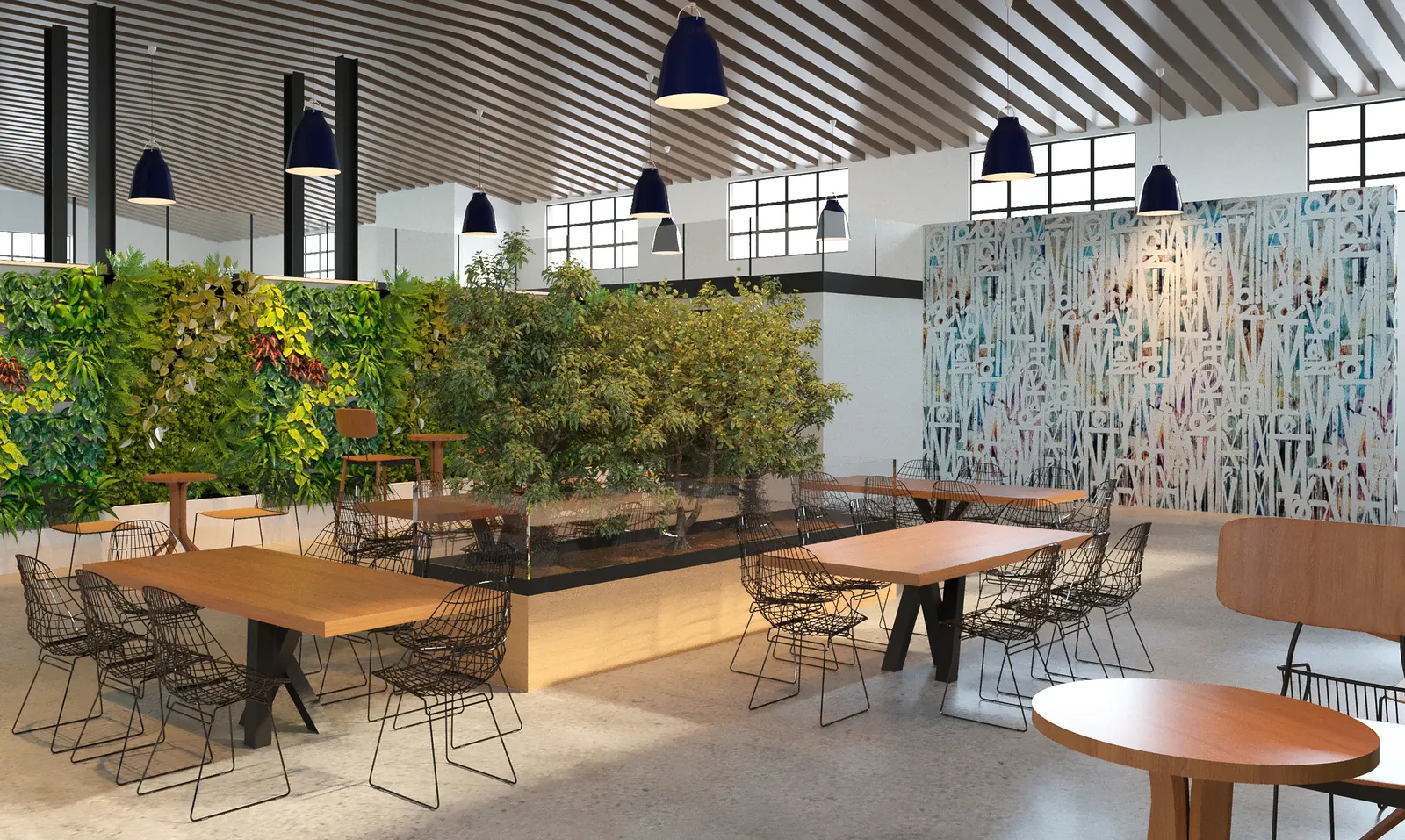 Office cafe interior rendering with a living green wall