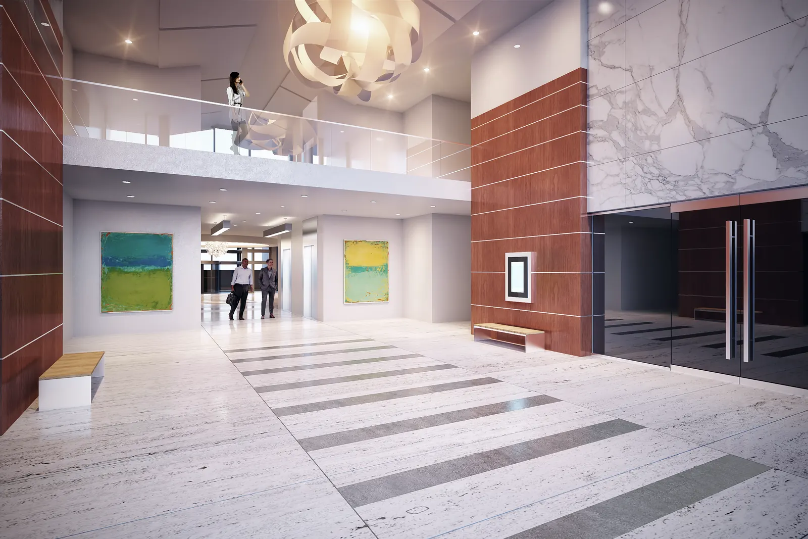 Office lobby atrium interior rendering with double-height space