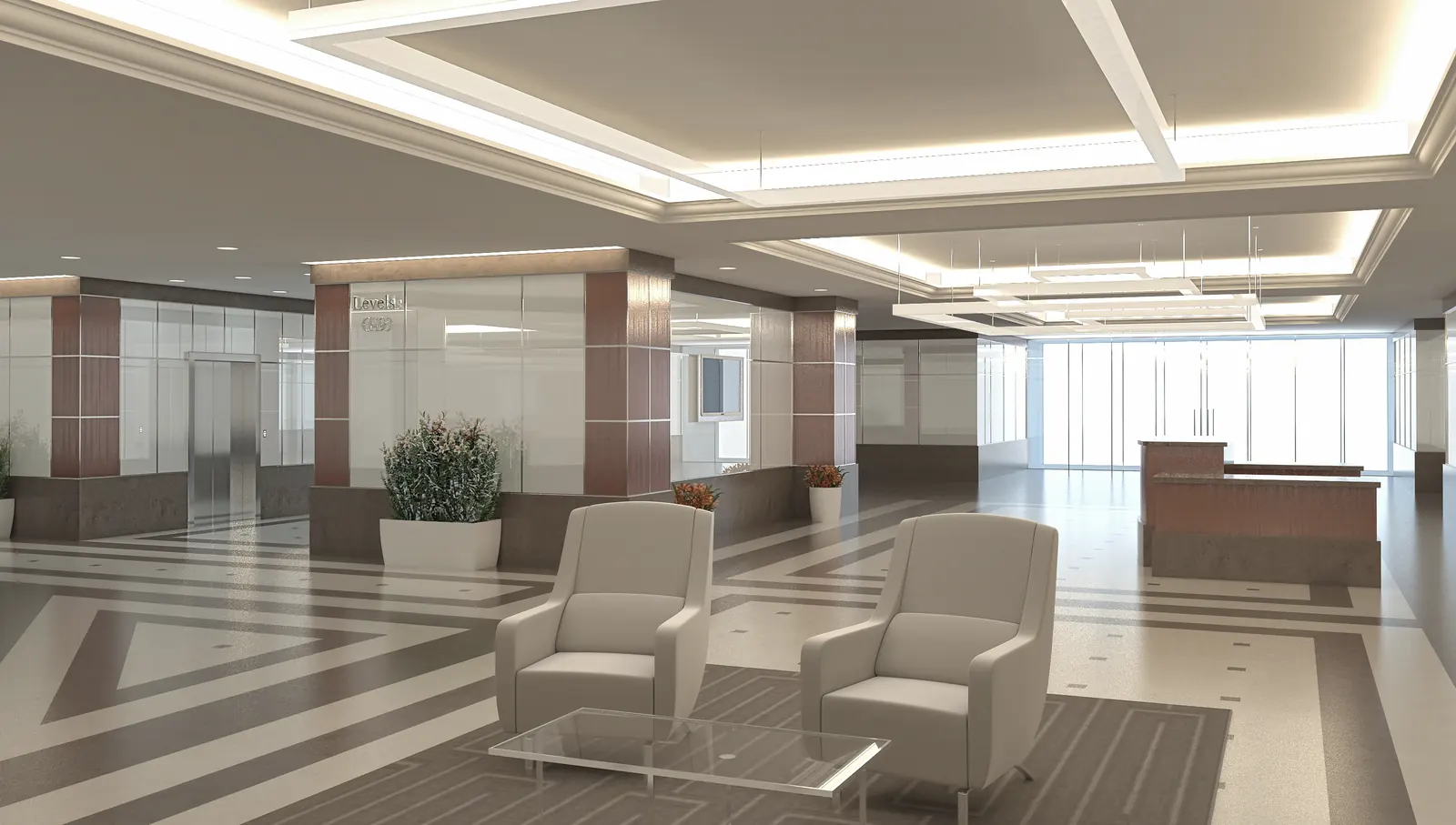 Office lobby reception desk interior rendering
