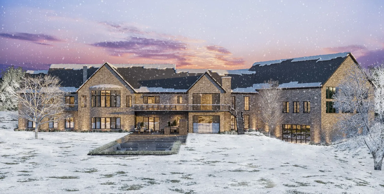 Estate home exterior rendering in a snowy winter setting