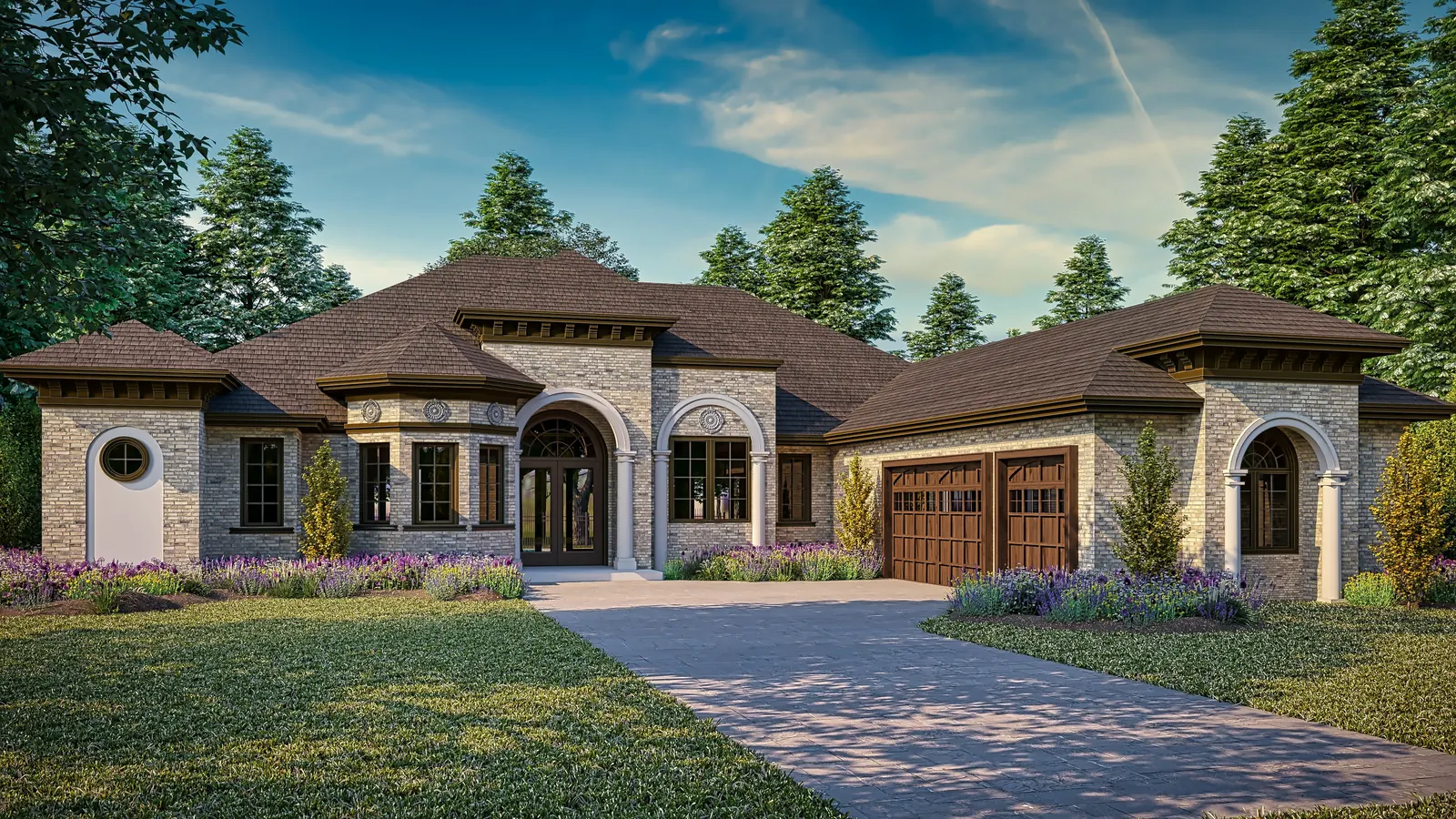 Stone home exterior rendering with arched openings