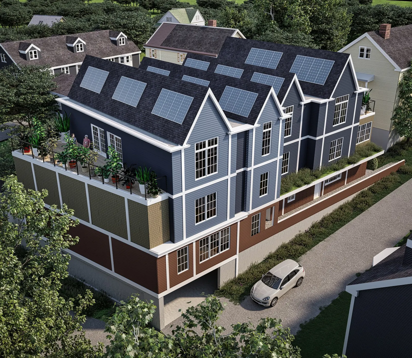Townhome row exterior rendering with rooftop solar panels