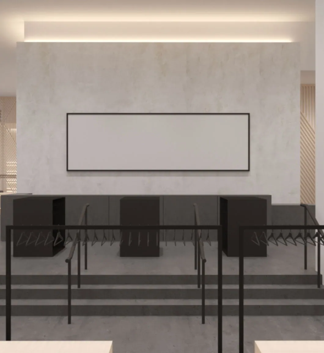Interior 3D rendering of an Alo Yoga retail store showing apparel merchandising walls, floor fixtures, accent lighting and the customer circulation path, produced by Rendimension for a retail rollout prototype