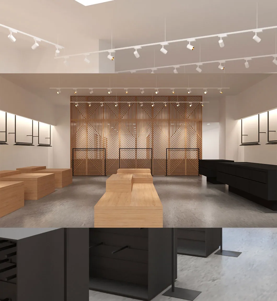 Photorealistic 3D rendering of an Alo Yoga retail store interior showing the merchandising walls, fixture layout, ceiling treatment and lighting design, produced by Rendimension as a rollout prototype visualization for multiple locations