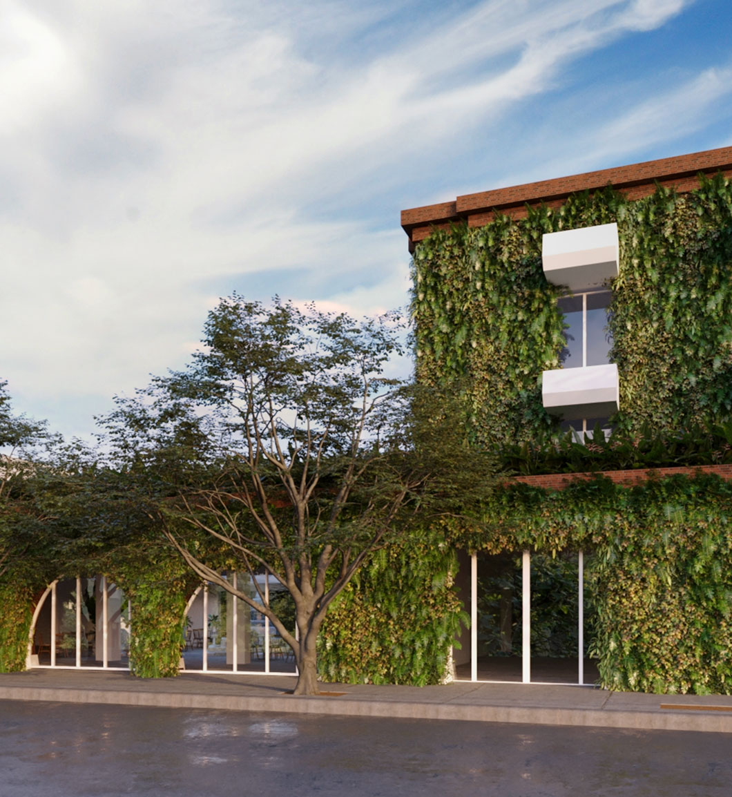 Exterior 3D rendering of a building facade covered by a planted green wall with arched windows and street trees, from the Brick and Ivy Lounge project in Miami, produced by Rendimension