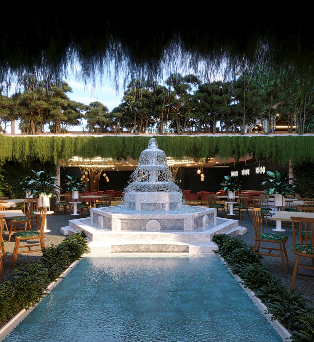 Night 3D rendering of a long reflecting pool with a lit tiered fountain, surrounded by landscaped gardens and palm trees, produced by Rendimension