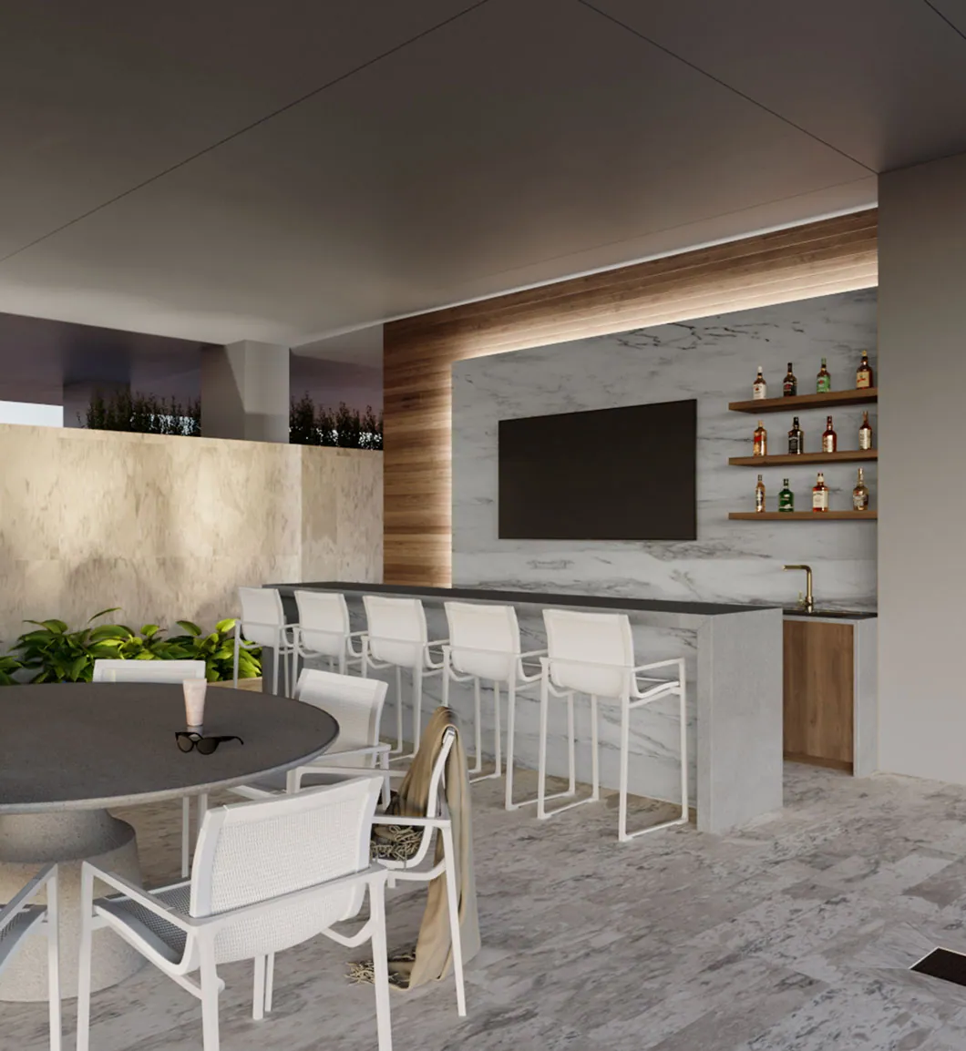 3D rendering of a residential tower amenity terrace with pool, lounge seating, shade structures and skyline views, produced by Rendimension for a multifamily amenity package