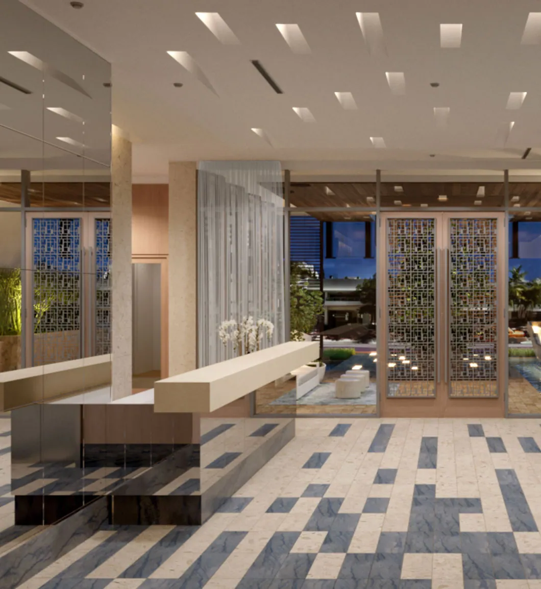 3D architectural visualization of the Atrium residential tower showing the building exterior, balconies, podium and landscaped ground level in urban context, produced by Rendimension