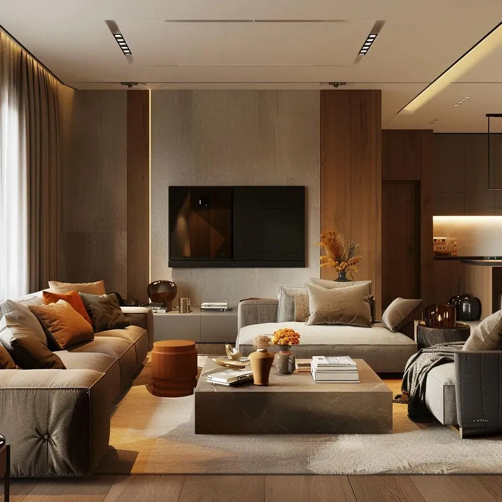 Stylish interior rendering of a modern living room showcasing space planning and design
