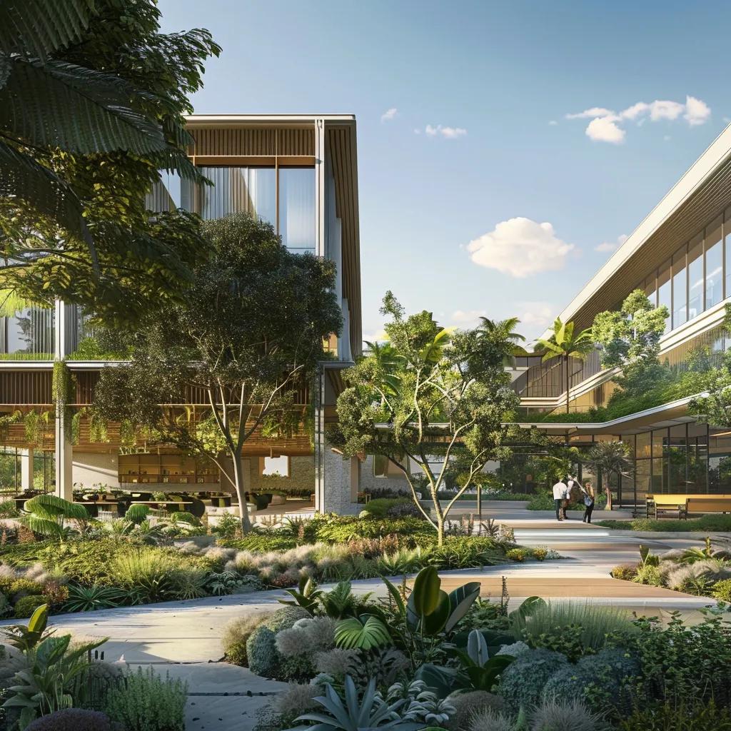 Modern architectural rendering showcasing a contemporary building with vibrant landscaping