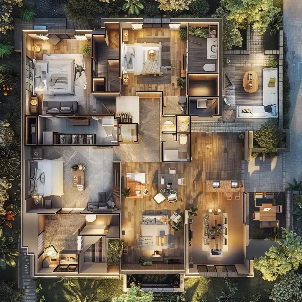 Detailed 3D floor plan rendering showcasing spatial relationships and room layouts
