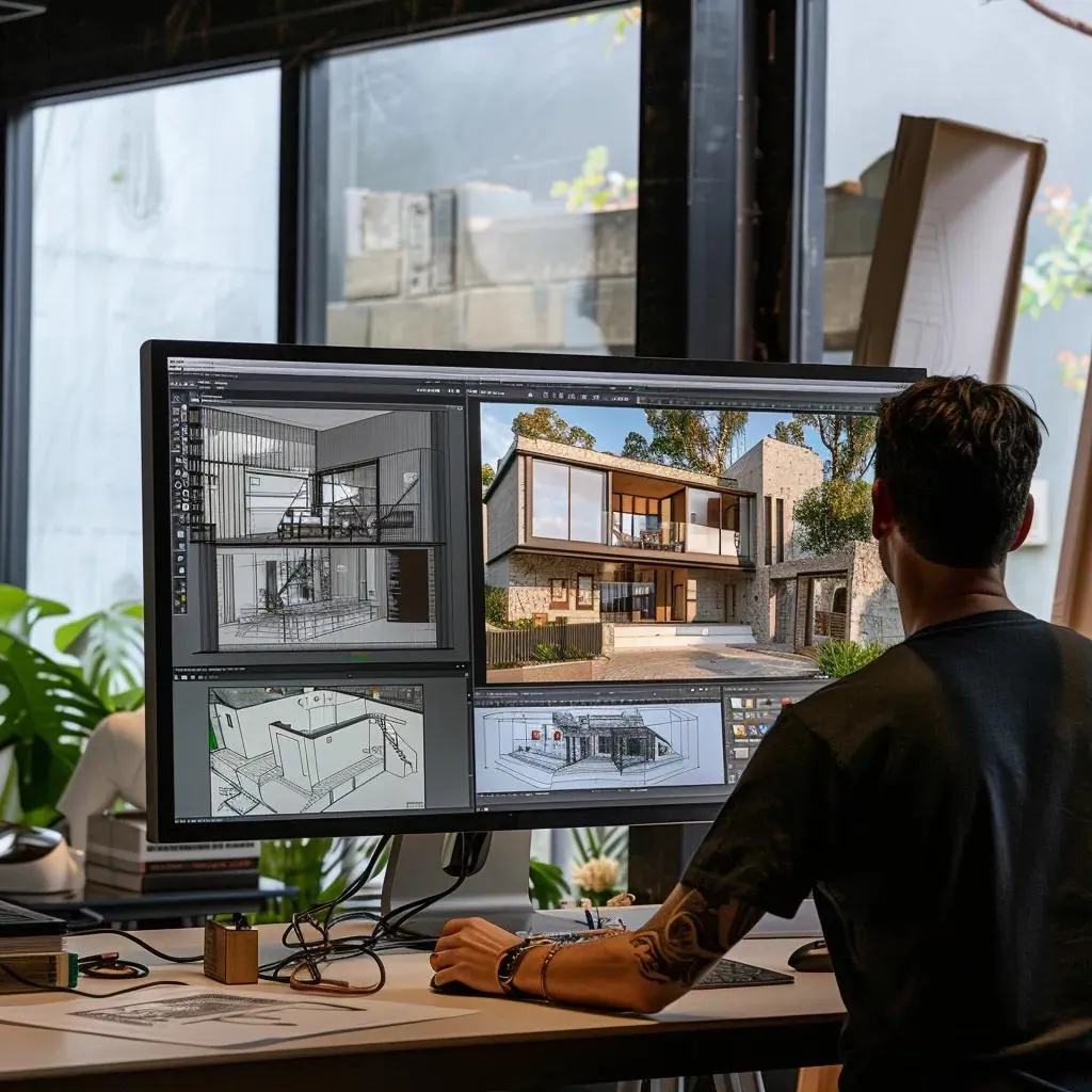 Designer working on architectural rendering process with 3D modeling software and sketches