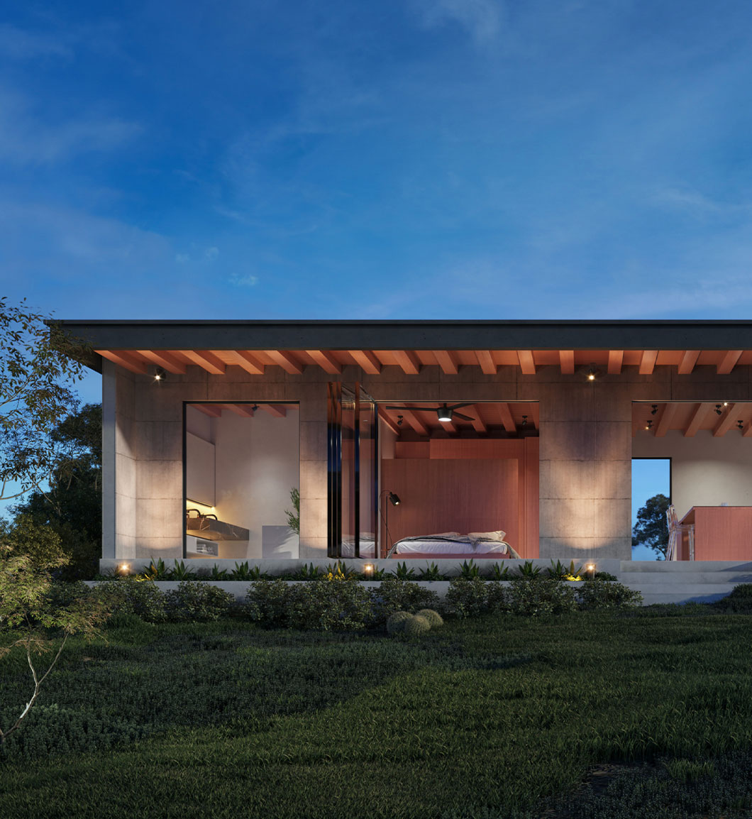 Realistic 3D visualization of architectural exterior rendering.