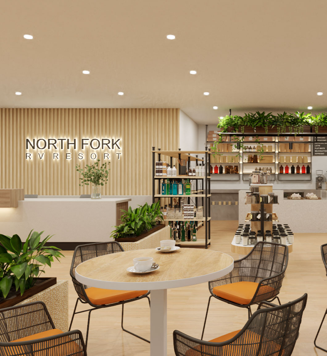 3D visualization of North Fork Cottages and RV Resort with landscaped communal areas