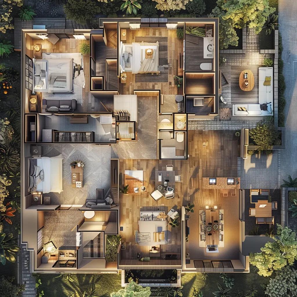 Detailed 3D floor plan rendering showcasing spatial relationships and room layouts