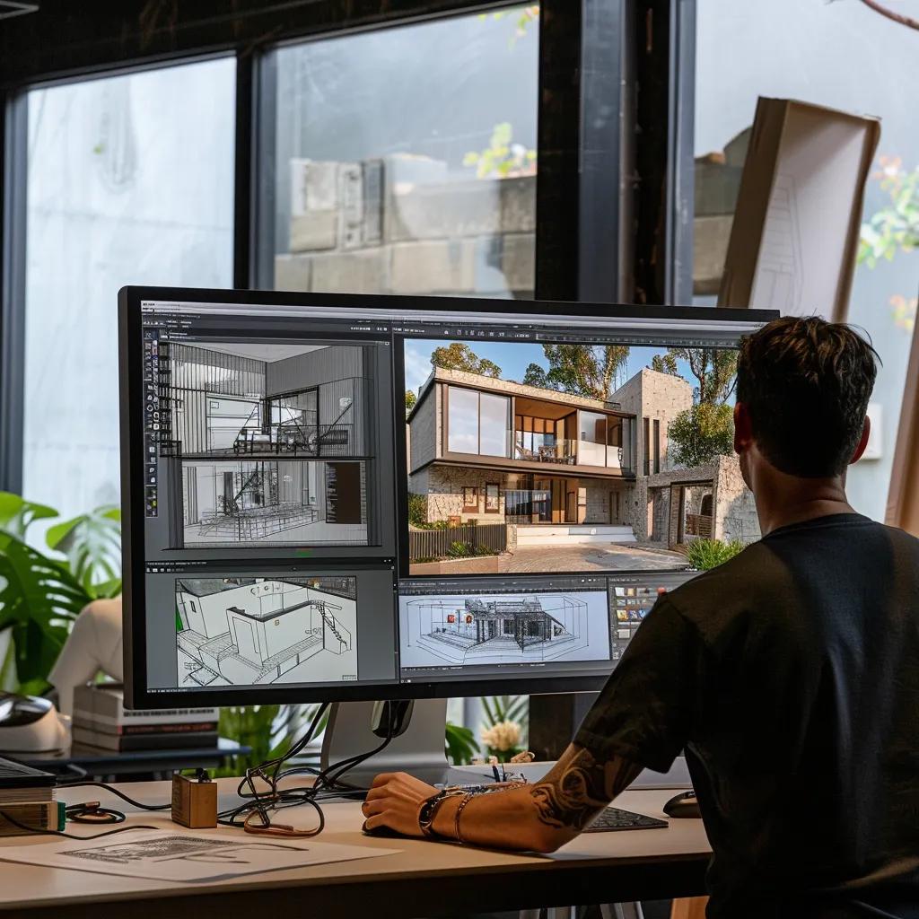 Designer working on architectural rendering process with 3D modeling software and sketches