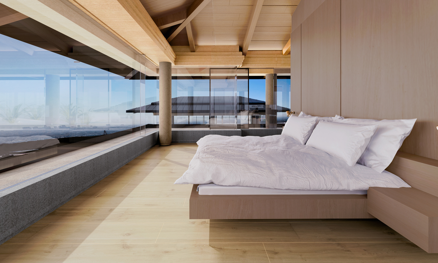 Hollywood Hills luxury interior suite with hillside canyon view, luxury real estate rendering by Rendimension